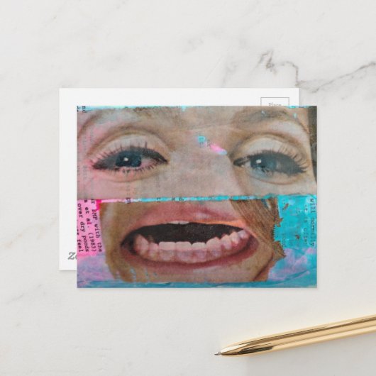 Carte Postale unique abstract collage with a eyes and mouth (Devant/Arrière en situation)
