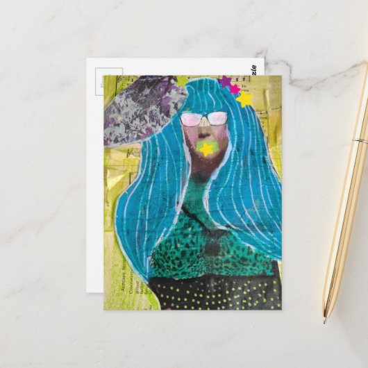 Carte Postale Unique Lady With Blue Hair Mixed Media Collage (Devant/Arrière en situation)