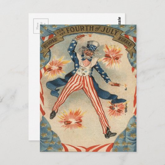 Carte Postale US Drapeau Uncle Sam Fireworks Firecracker (Devant / Derrière)