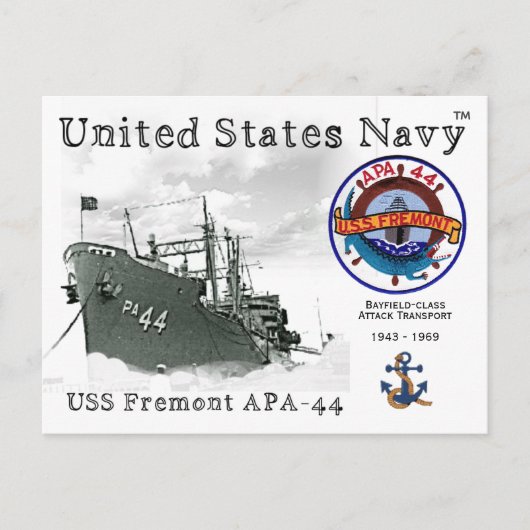 CARTE POSTALE USS FREMONT APA-44 ATTACK TRANSPORT POSTCARD (Devant)