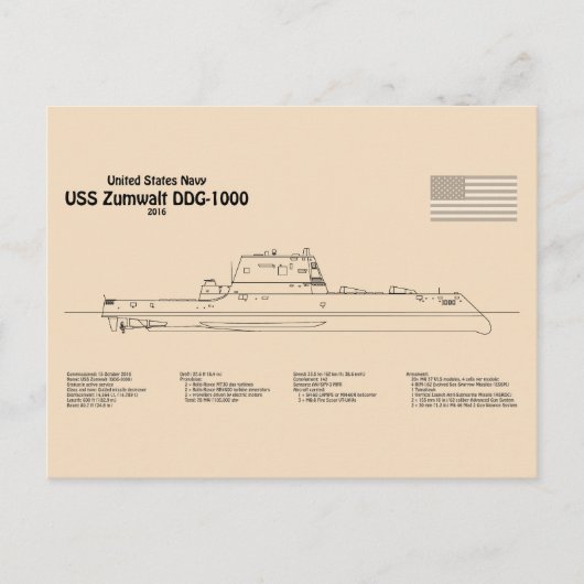 Carte Postale USS Zumwalt - Plans de conception de navire SD (Devant)