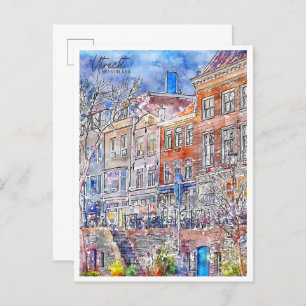 Carte Postale Utrecht Pays-Bas vintage voyage aquarelle