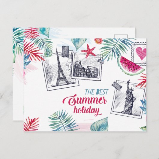 Carte postale vacances été Watercolor (Devant / Derrière)