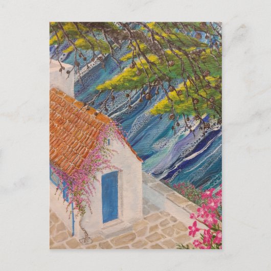 Carte Postale Vacances grecques bleu et rose (Devant)