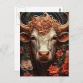 Carte Postale Vache aux Cheveux Bouclés dans les Fleurs (Devant / Derrière)