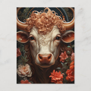 Carte Postale Vache avec cheveux bouclés dans les fleurs