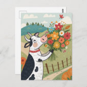 Carte Postale Vache avec des fleurs drôle et mignonne (Devant / Derrière)