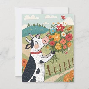 Carte Postale Vache avec des fleurs drôle et mignonne