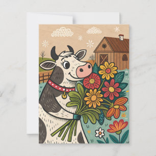 Carte Postale Vache avec des fleurs style d'art populaire mignon