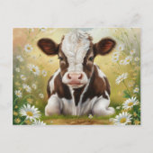 Carte Postale Vache Bébé mignonne dans un champ de marguerites (Devant)