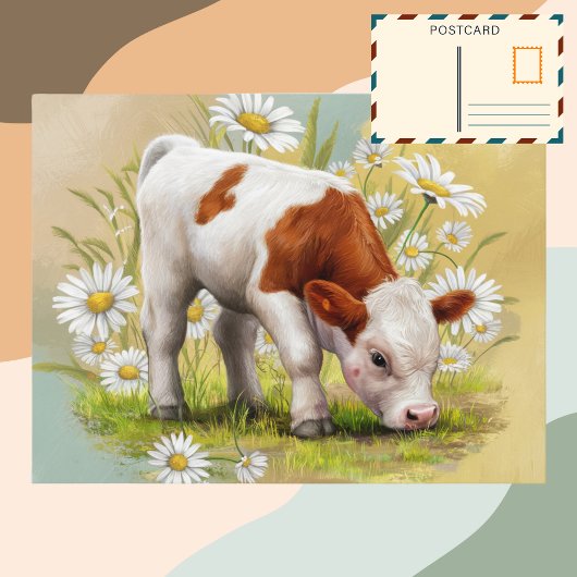 Carte Postale Vache Bébé mignonne dans un champ de marguerites F