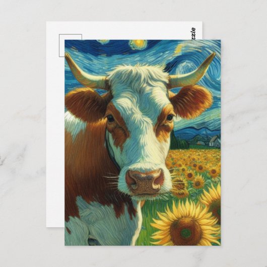 Carte Postale Vache blanche Brown dans une peinture de Faux Van  (Devant / Derrière)