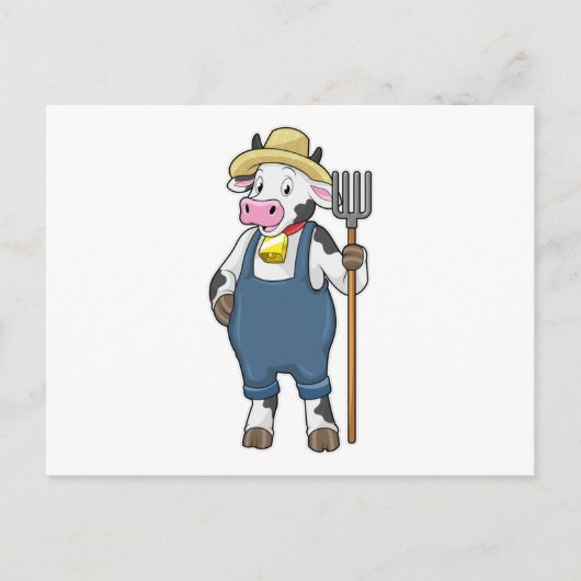 Carte Postale Vache comme agriculteur avec fourche (Devant)