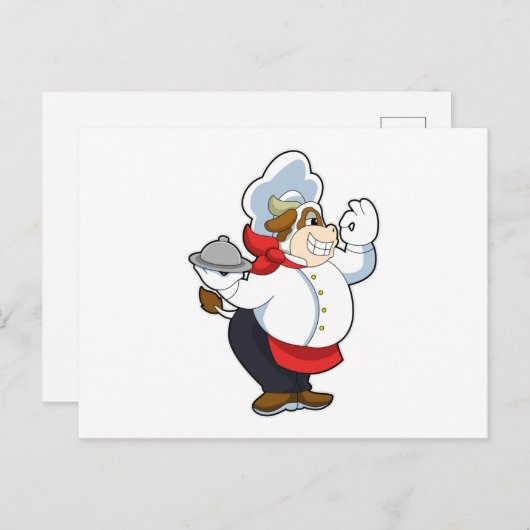 Carte Postale Vache comme serveur avec assiette servante (Devant / Derrière)