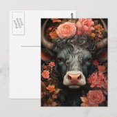 Carte Postale Vache dans les fleurs roses (Devant / Derrière)