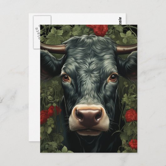 Carte Postale Vache dans les fleurs rouges (Devant / Derrière)