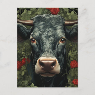 Carte Postale Vache dans les fleurs rouges