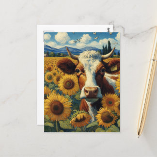 Carte Postale Vache dans un champ de tournesol