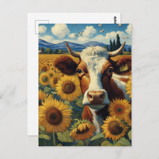 Carte Postale Vache dans un champ de tournesol (Devant / Derrière)