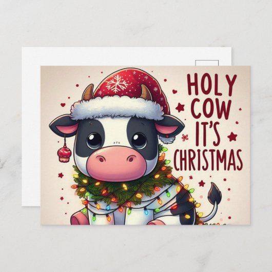 Carte Postale Vache de Noël Festive Vache sainte C'est Noël (Devant / Derrière)