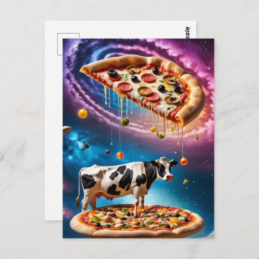 Carte Postale Vache de pizza drôle dans l'espace (Devant / Derrière)