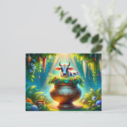 Carte Postale Vache décorée en pongal (Debout devant)