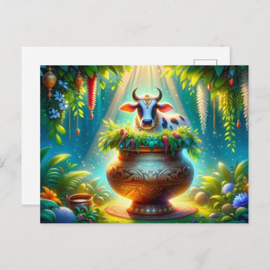 Carte Postale Vache décorée en pongal (Devant / Derrière)