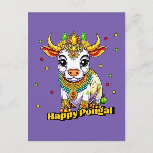 Carte Postale Vache décorée Kawaii Pongal (Devant)