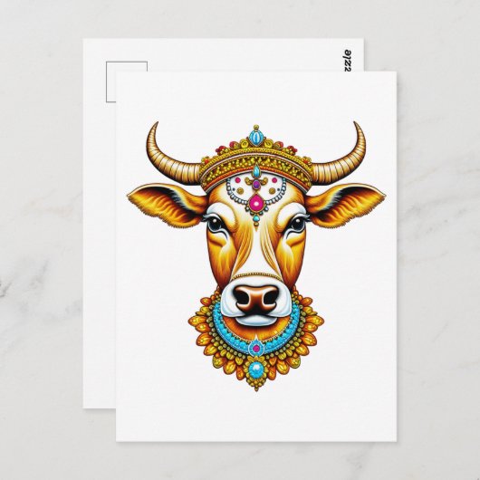 Carte Postale Vache décorée pongée (Devant / Derrière)