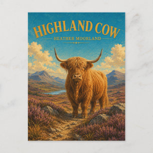 Carte Postale Vache des Highlands, lande à bruyère, aquarelle Ge