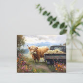 Carte Postale Vache des Highlands mangeant du foin (Debout devant)