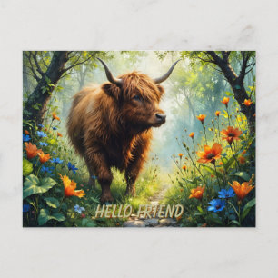 Carte Postale Vache des Highlands sur un puzzle de chemin floral