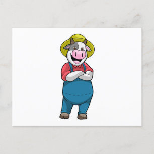 Carte Postale Vache en fermier avec chapeau