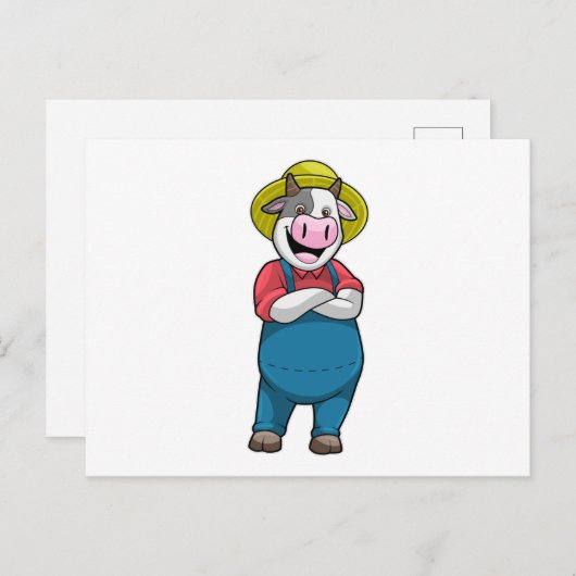 Carte Postale Vache en fermier avec chapeau (Devant / Derrière)