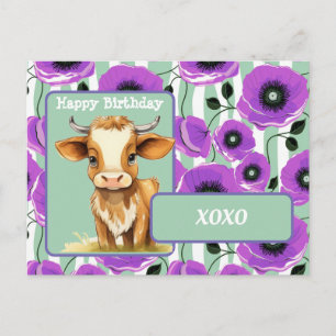 Carte Postale Vache et Coquelicots XOXO Joyeux Anniversaire Mign