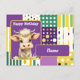Carte Postale Vache et points et lignes rétro Joyeux Anniversair