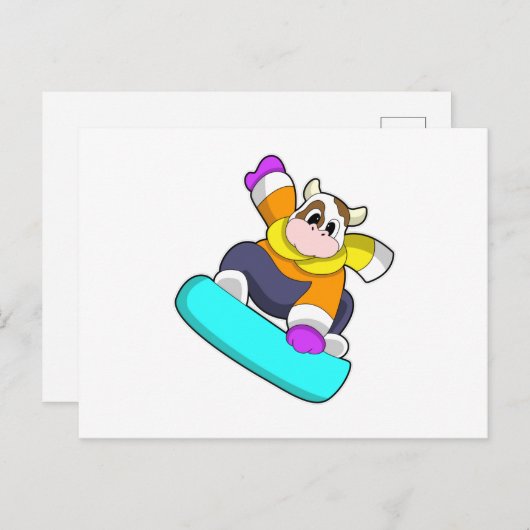 Carte Postale Vache faisant du snowboard avec un snowboard (Devant / Derrière)