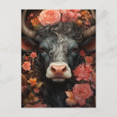 Carte Postale Vache grise aux cheveux bouclés dans les fleurs (Devant)