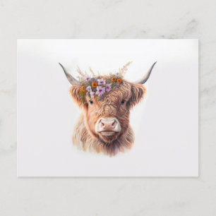 Carte Postale Vache Highland avec aquarelle de la Couronne flora