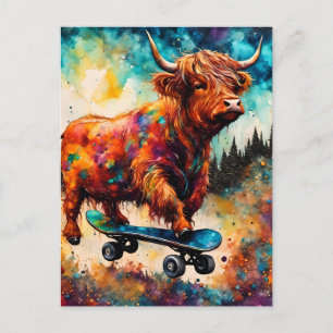 Carte Postale Vache Highland de skateboard mignonne