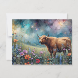 Carte Postale Vache Highland en Tapisserie florale colorée