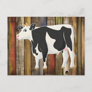 Carte Postale Vache Holstein avec fond de planches anciennes