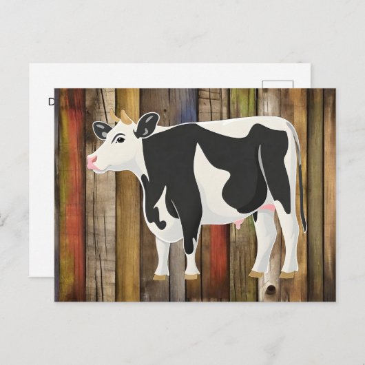 Carte Postale Vache Holstein avec fond de planches anciennes (Devant / Derrière)