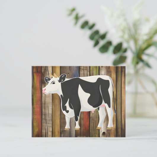 Carte Postale Vache Holstein avec fond de planches anciennes (Debout devant)