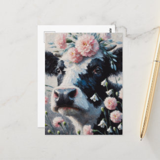 Carte Postale Vache Holstein dans les fleurs Agritourisme peintu
