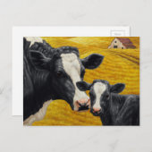 Carte Postale Vache Holstein et veau avec vieille grange en bois (Devant / Derrière)