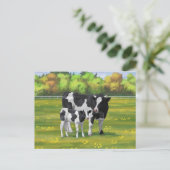 Carte Postale Vache Holstein et veau mignon en pâturage d'été (Debout devant)