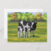 Carte Postale Vache Holstein et veau mignon en pâturage d'été (Devant / Derrière)