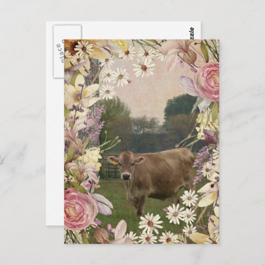 Carte Postale Vache Jersey Fleurs Pays (Devant / Derrière)