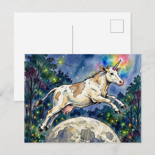 Carte Postale Vache laitière licorne sautant la lune